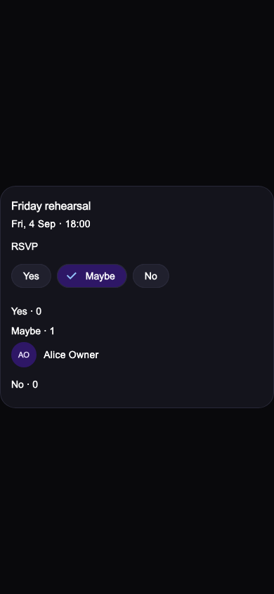 Bandit chat showing a rehearsal RSVP poll with Yes, Maybe and No choices